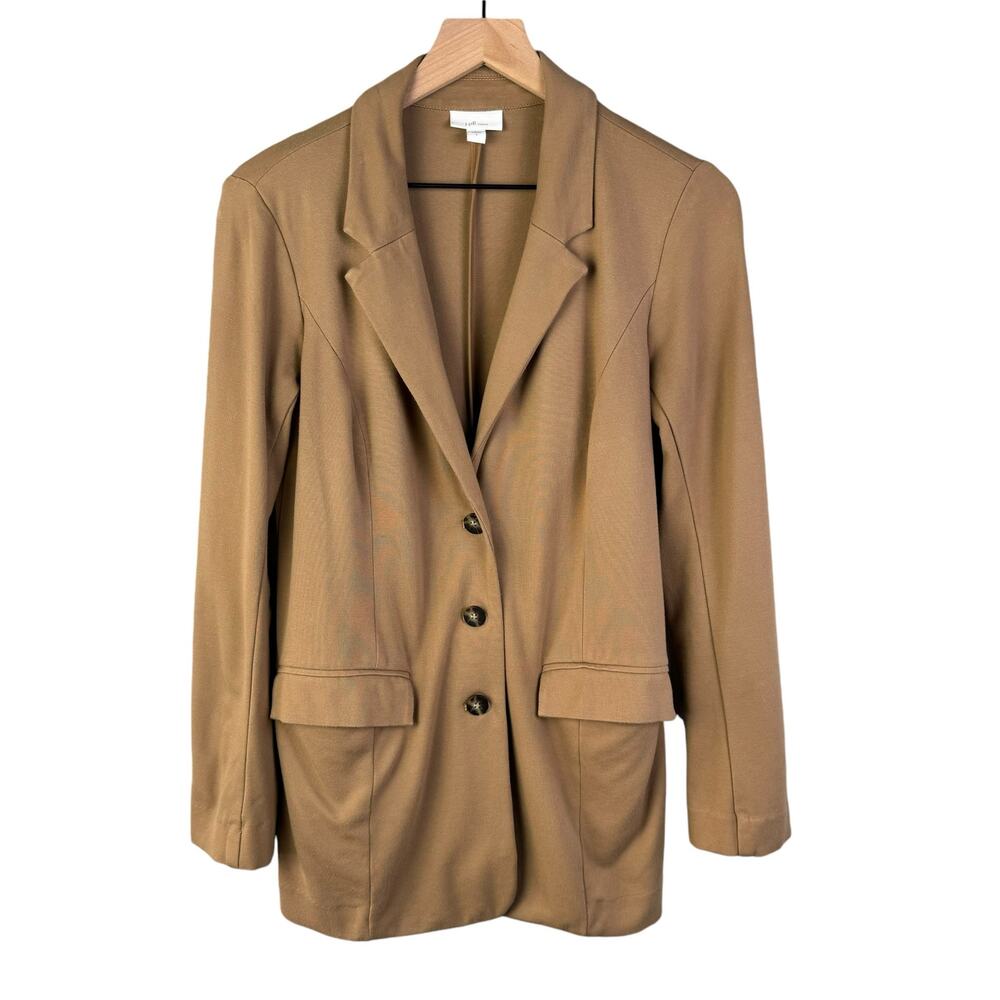 J. Jill Ponte Knit Stretchy Blazer Camel Tan jacket Three Button Small Causal